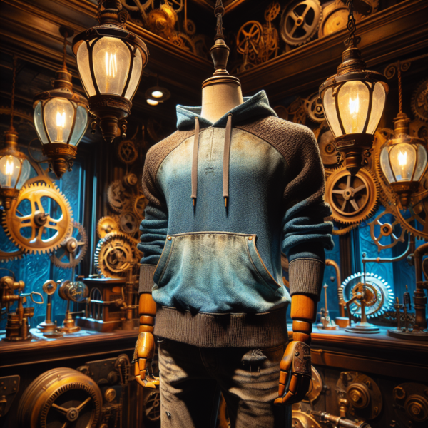 Photos of a BLue vintage Hoody on a mannequin in a store on display, steampunk style